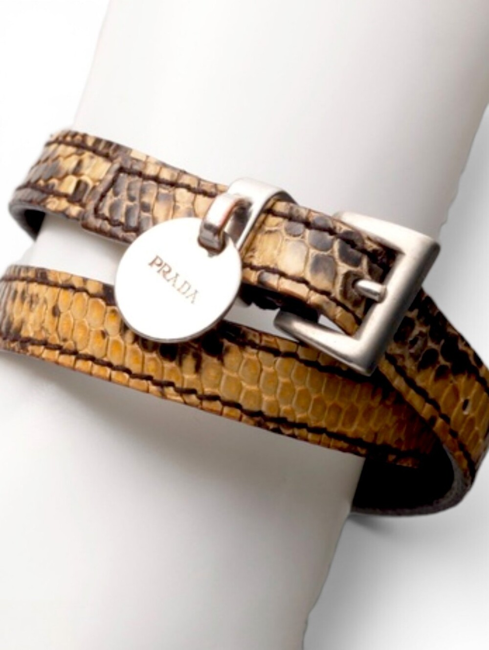 PRADA Python Bracelet Yellow-Brown Leather Wrap Collar with Silver Tag